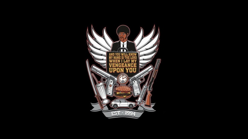 black background, lighting equipment, Samuel L. Jackson, human representation, indoors, cut out, Pulp Fiction, close-up, text, creativity, copy space, black