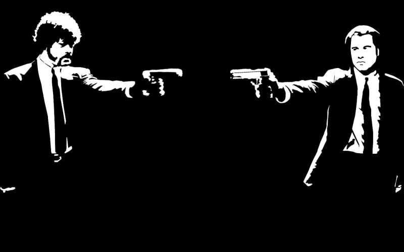 Pulp Fiction, movies, black background, two people, 720P, holding, studio shot, indoors, lifestyles, standing, monochrome, arts culture and entertainment