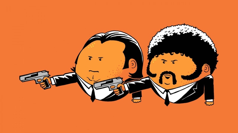 colored background, studio shot, Pulp Fiction, John Travolta, orange background, Vincent Vega, group of people, males, creativity, Samuel L. Jackson, cartoon