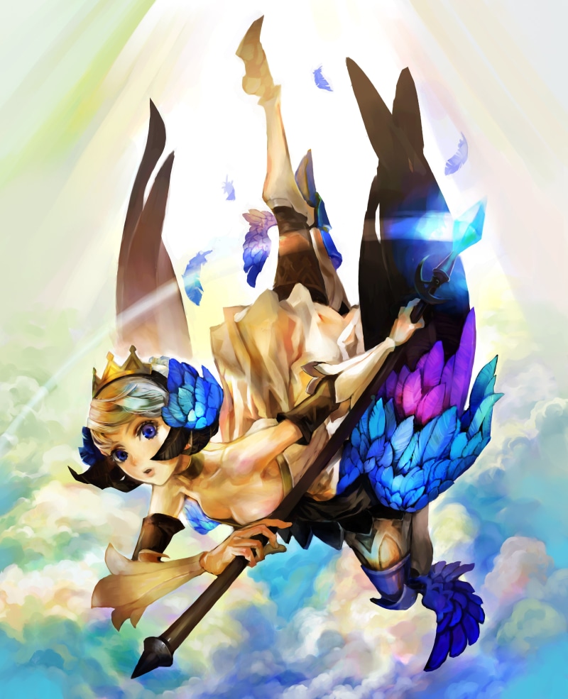 artwork, wings, anime, gwendolyn, blue, eyes, girls, sphere, feathers, 4K, odin
