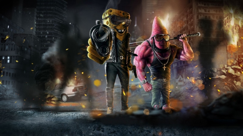 parody, SpongeBob SquarePants, Patrick Star, 1080P, Mafia, gun, concept art