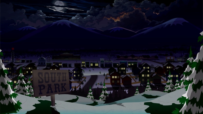city, table, South Park, travel destinations, 2K, mountain, night, outdoors, high angle view, architecture, building, religion, video games, South Park: Fractured But Whole