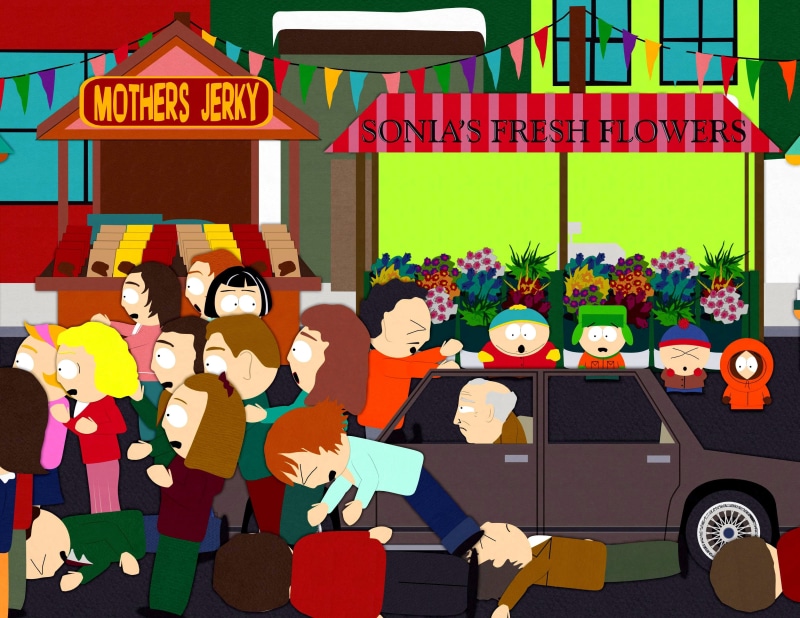 large group of objects, Eric Cartman, creativity, standing, South Park, indoors, technology, table, car, communication, western script, Kenny McCormick