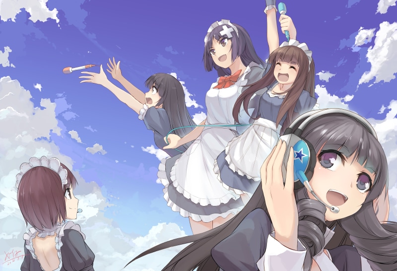 sky, dress, 4K, headdress, bow, maid, original, long, com, konachan, 245503, x-boy, short, headphones, black, hair, group, eyes, brown, microphone, signed