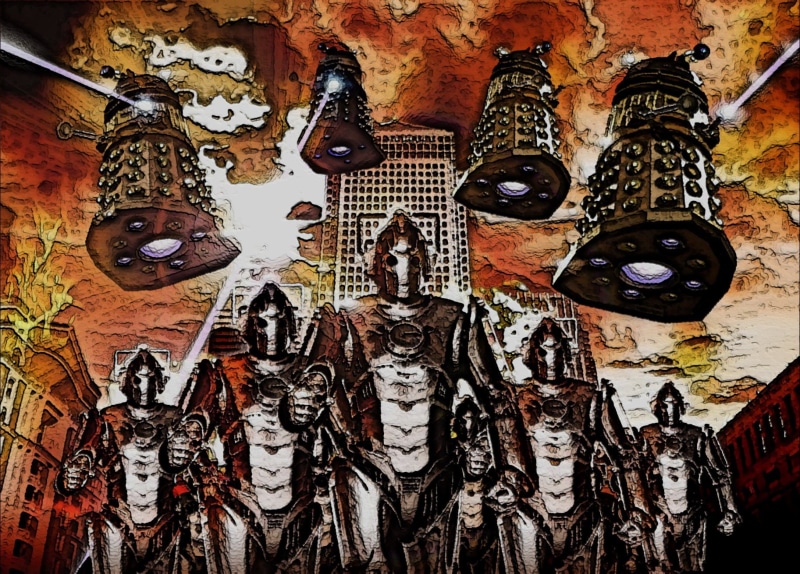 large group of objects, mask, Dalek, male likeness, choice, no people, close-up, variation, Cyberman (Doctor Who), TV Show, representation, art and craft