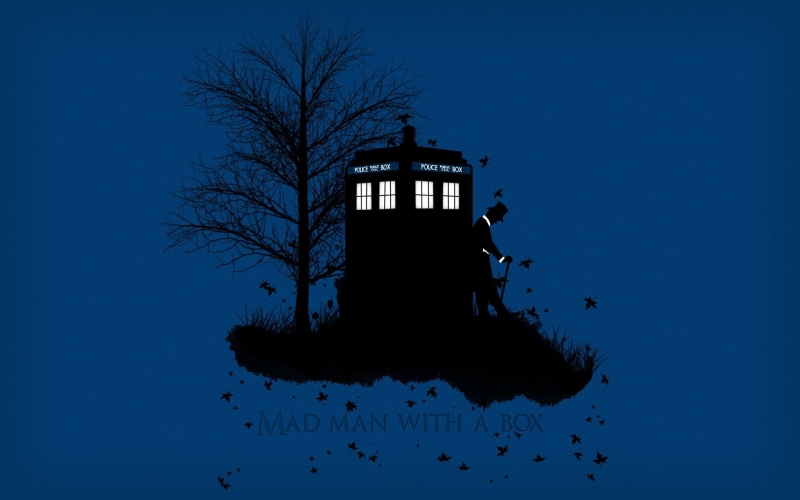 night, animal wildlife, TARDIS, 1080P, sky, no people, dusk, man, tree, Doctor Who, outdoors, bare tree, simple background, silhouette, box