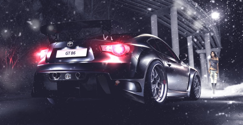 mode of transportation, snow, black, street, motor vehicle, communication, extreme weather, sign, rain, rear, city, coupe, Toyota, bridge, BBS, transportation
