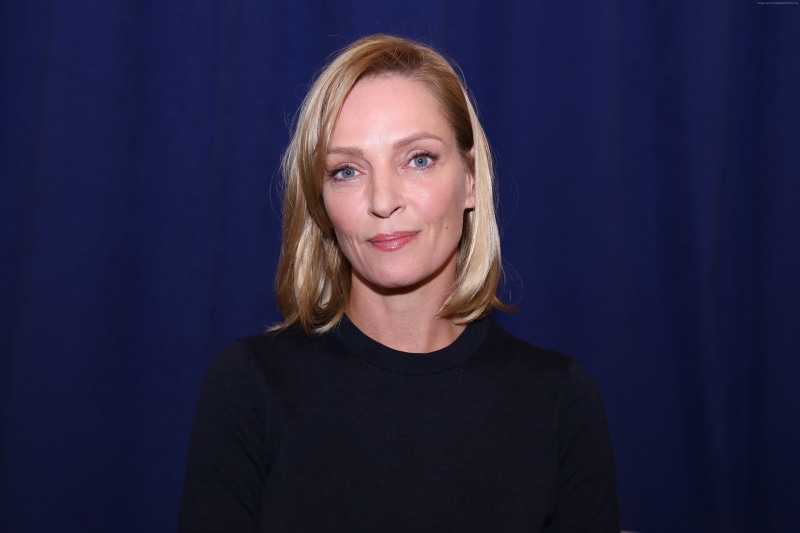 Uma Thurman, studio shot, Most Popular Celebs in 2015, headshot, model, confidence, adult, looking at camera, American Dad, blue background, front view