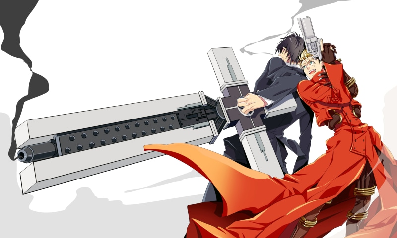 arts culture and entertainment, day, clothing, people, nicholas d. wolfwood, vash the stampede, holding, 2K, three quarter length, standing, red, security