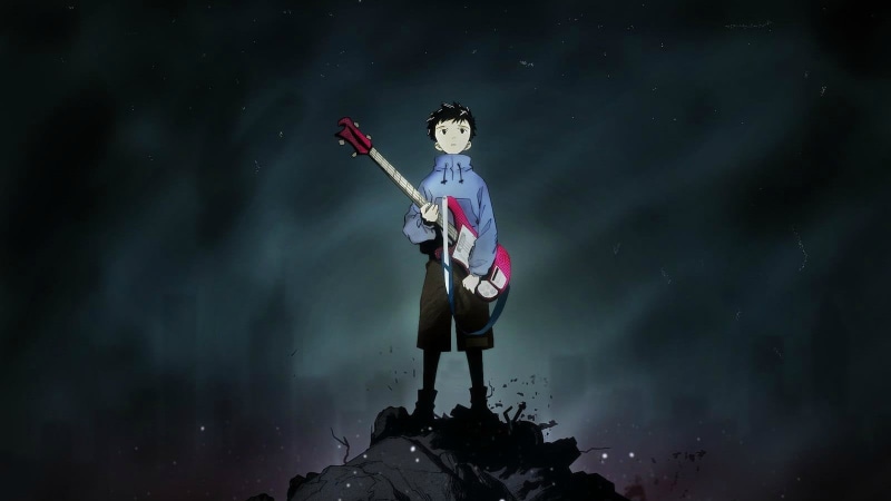 boy, Nandaba Naota, standing, anime boys, one person, young adult, FLCL, music, performance, anime, adult, blue, full length, guitar, string instrument