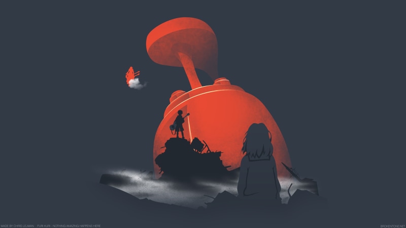 silhouette, orange color, FLCL, breaking, anime, occupation, young adult, dark, full length, 1080P, nature, people, fun, adult, men, helmet, sitting, red