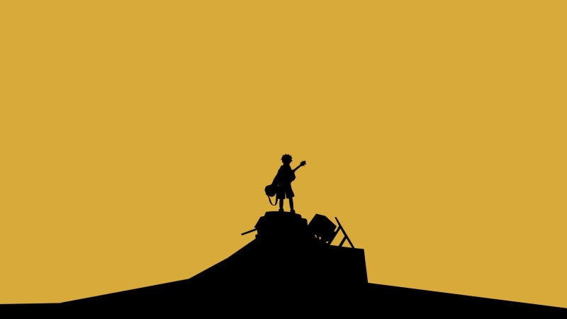 FLCL, standing, copy space, representation, animal wildlife, one person, one animal, sky, sunset, outdoors, orange color, domestic animals, clear sky, nature