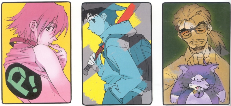 FLCL, outdoors, 2K, male likeness, art and craft, anime, representation, female likeness, craft, multi colored, human representation, mural, no people