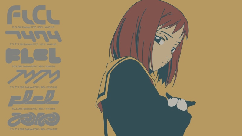 1080P, text, side view, yellow, hairstyle, pattern, leisure activity, hood - clothing, one person, contemplation, FLCL, communication, Haruhara Haruko