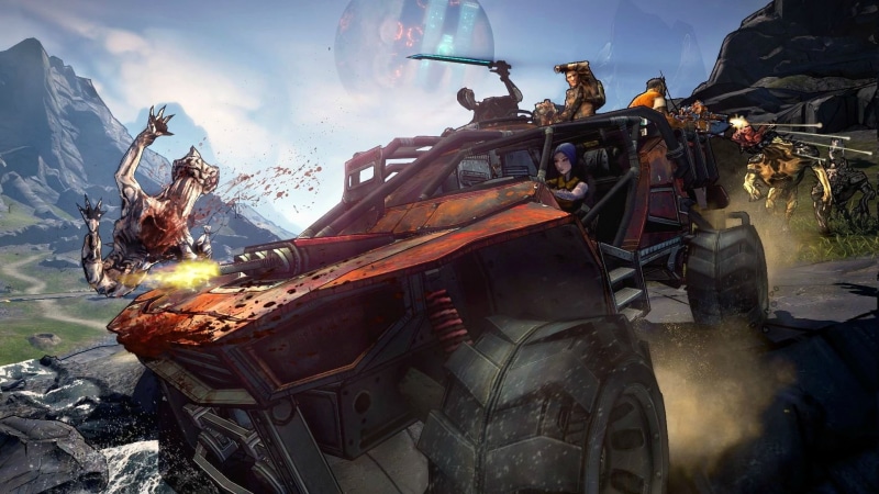 water, sky, land vehicle, sport, adult, day, destruction, car, motion, Borderlands, waist up, video games, outdoors, aggression, burning, nature, air vehicle