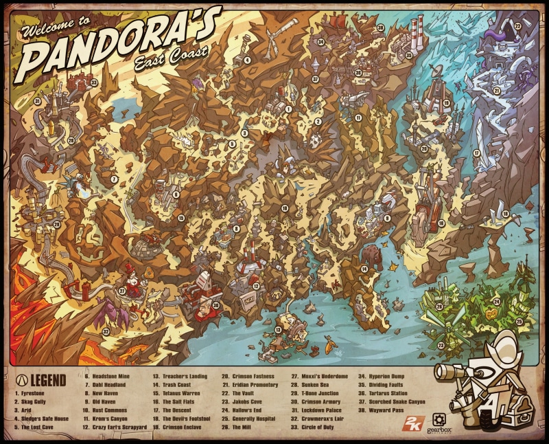2K, Pandoras, Borderlands, detailed, map, East Coast