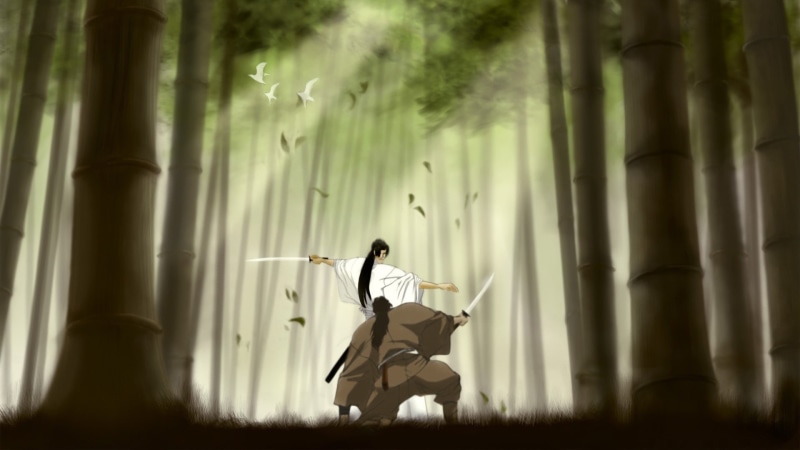 bamboo, Ninja Scroll, sword, motion, curtain, fantasy, sunlight, forest, day, one person, land, tree, plant, women, outdoors, activity, two, cartoon, characters