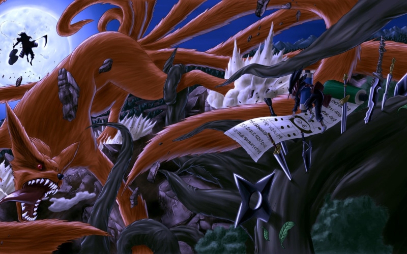 scroll, uc, shippuden, kunai, manga, moon, hashirama, ninja, 1080P, hd, senju, night, art, anime, shuriken, kyuubi, Trees, naruto, fight