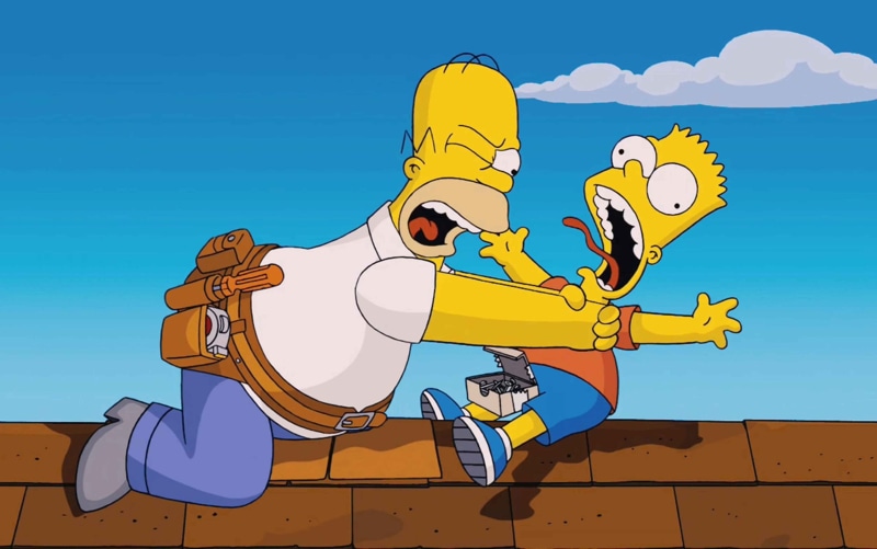 domestic animals, illustration, Cartoons, bart, blue, bird, 1080P, sky, architecture, choke, no people, day, simpson, homer, vertebrate, mammal, yellow