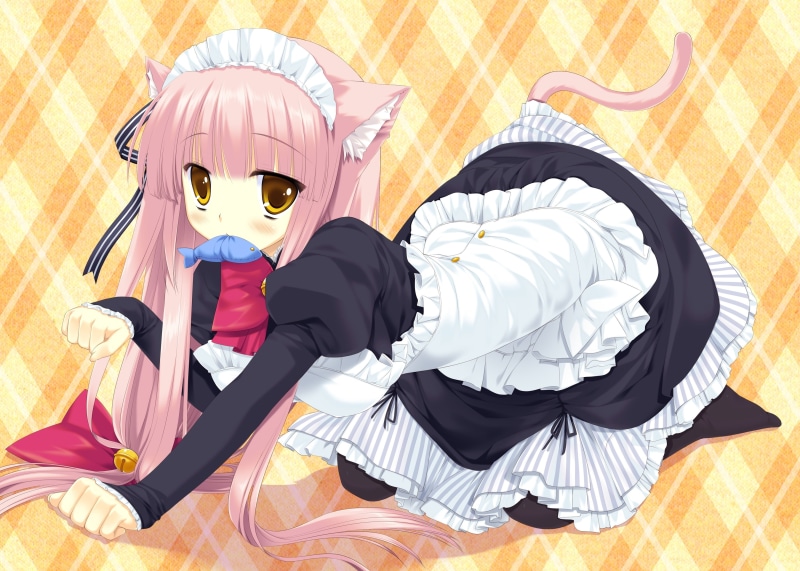 nanakase, pantyhose, com, tail, 245718, 2K, hair, yellow, dress, long, headdress, ears, catgirl, konachan, pink, bell, maid, gizmo, whitesoft, apron, risa