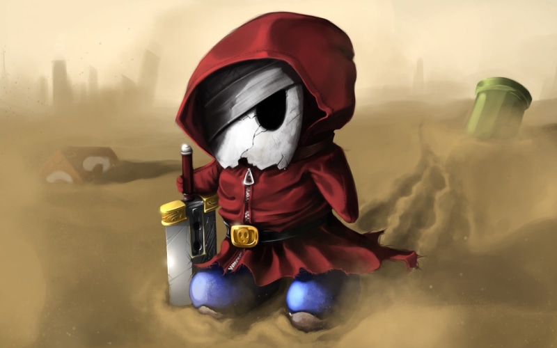 ghost, day, red, video games, desert, unrecognizable person, indoors, one person, front view, celebration, mask, clothing, nature, hood - clothing, Nintendo