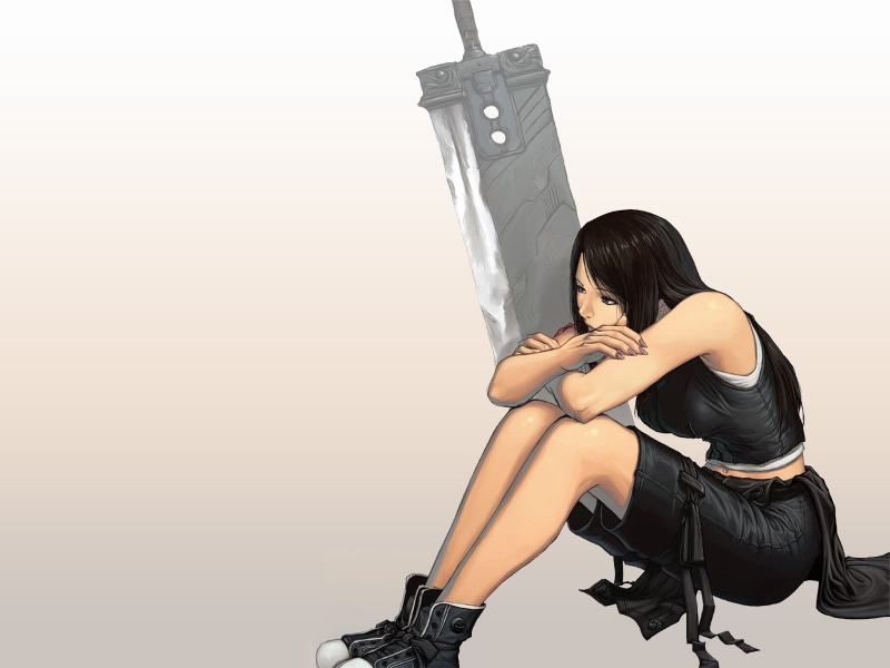 sitting, anime, young adult, holding, lifestyles, young women, hairstyle, video games, 720P, copy space, full length, leisure activity, one person, buster sword