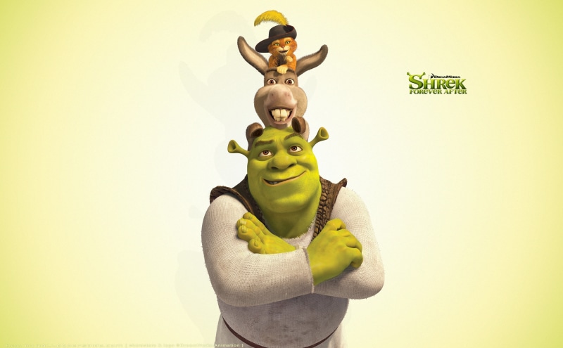 one person, Cartoons, green color, front view, Shrek, indoors, creativity, yellow, happiness, boots, donkey and puss in boots, human representation, studio shot