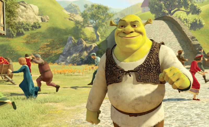 tree, smiling, men, front view, 1080P, Cartoons, grass, enjoyment, outdoors, young adult, shrek forever after, plant, incidental people, happiness, movie