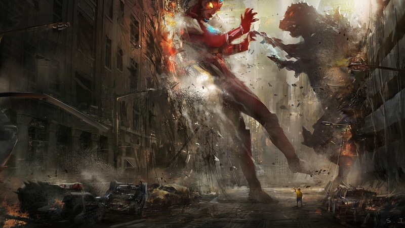 cars, artwork, hd, cityscapes, buildings, nature, 1080P, art, godzilla, ultraman