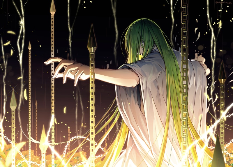 Fate/Grand Order, smiling, 2D, Fate Series, long hair, FGO, 2K, fan art, green hair, gold chains, Enkidu (FGO), anime boys