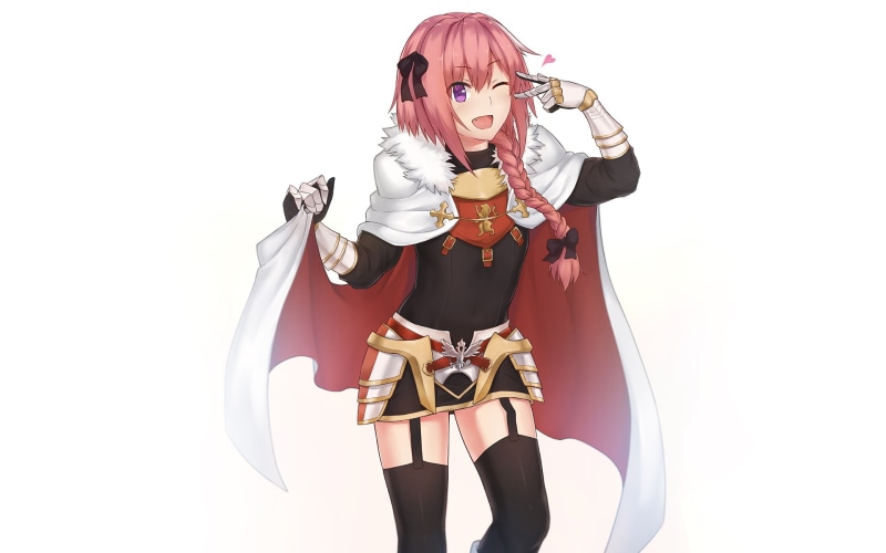three quarter length, white background, front view, standing, adult, leisure activity, Rider of Black, holding, real people, Fate/Apocrypha, Fate Series