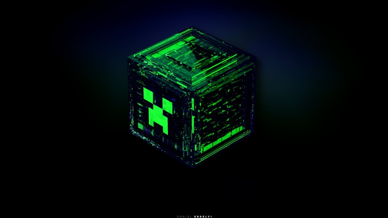 digital composite, Minecraft, creeper, 2K, technology, cube, glowing, internet, protection, safety, communication, single object, illustration, copy space