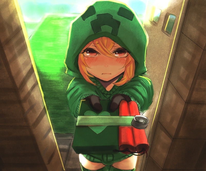 hd, short hair, blush, Creeper, people, anime, eyes, art, Minecraft, hair, short, blondes, red, red eyes, hoodies, girls, 720P