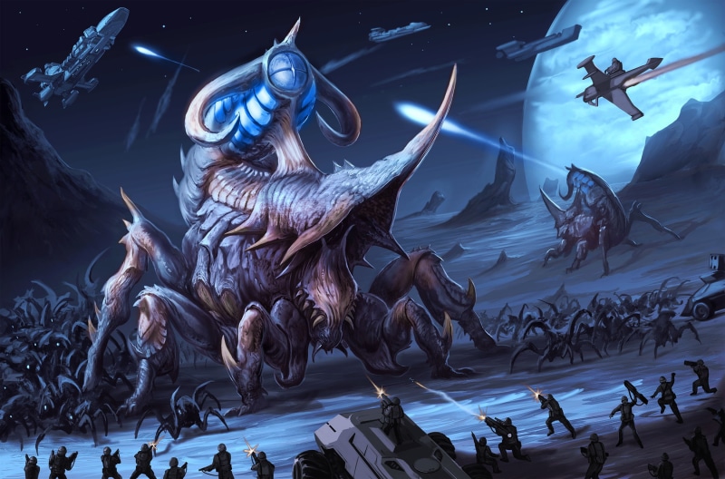 blue, battle, Starship troopers, monster, illustration, fiction, planet, monsters, 1080P, art, brown