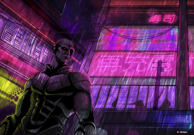 illustration, purple, leisure activity, synthwave, one person, sitting, architecture, Neo-noir, real people, kanji, neofuture, Japan, illuminated, pink color