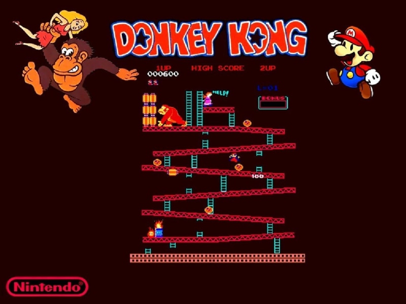black background, studio shot, donkey kong, text, illuminated, no people, 720P, western script, arts culture and entertainment, multi colored, sign, business