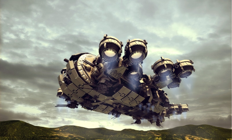 mountain, dramatic sky, nature, technology, 2K, ominous, art product, digital composite, Thunderbolt Gunship  , robot, fantasy, science, land