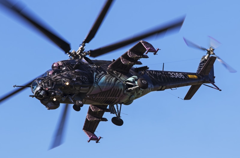 day, sky, Helicopter gunship, motion, helicopter, plane, flying, 4K, government, transportation, blue, mid-air, Attack helicopter, air vehicle, army, military
