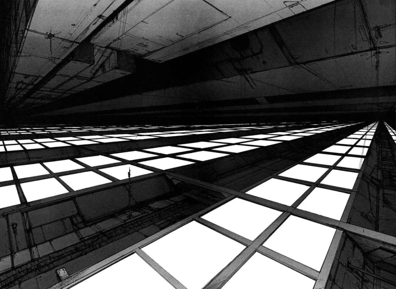 flooring, metal, tiled floor, city, transportation, nature, built structure, high angle view, ceiling, shadow, building, pattern, no people, Tsutomu Nihei