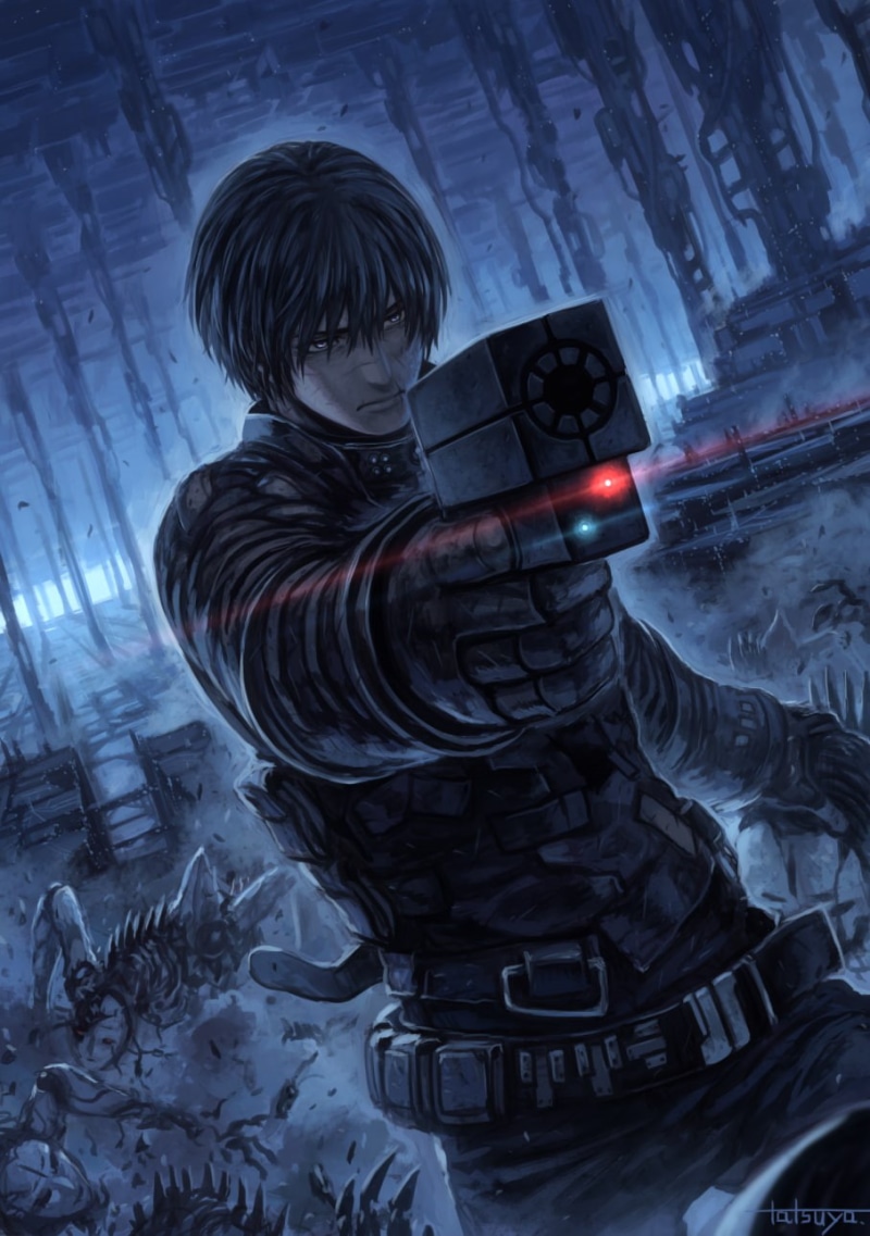 tank, Killy, military, indoors, one person, males, government, 720P, uniform, technology, aiming, boys, work helmet, Blame!, weapon, headwear, childhood