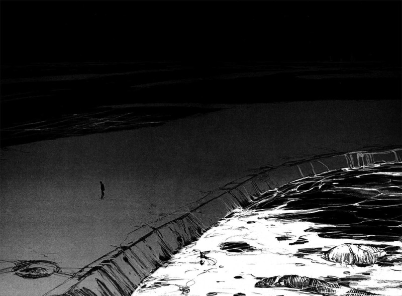 silhouette, tranquility, Tsutomu Nihei, architecture, winter, no people, reflection, nature, tranquil scene, 720P, swimming pool, land, rippled, Blame!