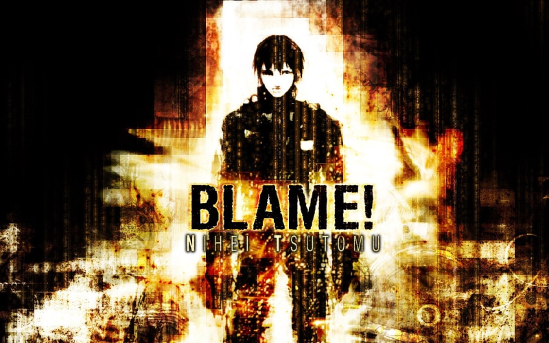 night, western script, sign, Tsutomu Nihei, front view, Blame!, digital composite, communication, waist up, 720P, portrait, text, architecture, one person