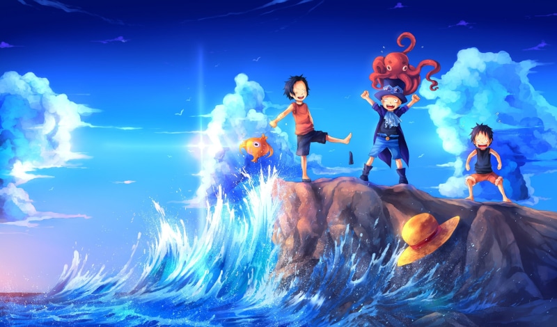 art, wave, portgas d ace, one piece, fish, shore, hat, fun, 1080P, octopus, sea, uchuubranko, sabo, monkey d luffy