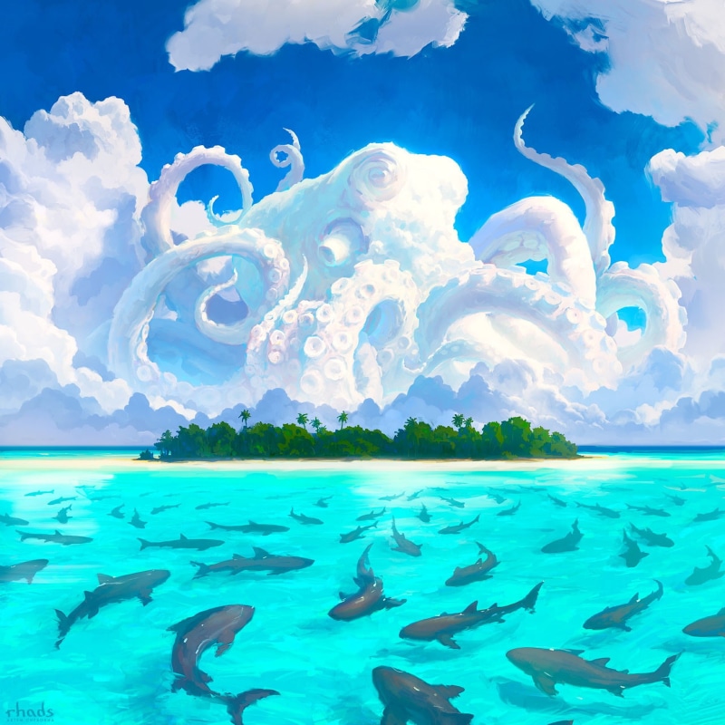 artwork, painting, island, 1080P, shark, octopus, digital art