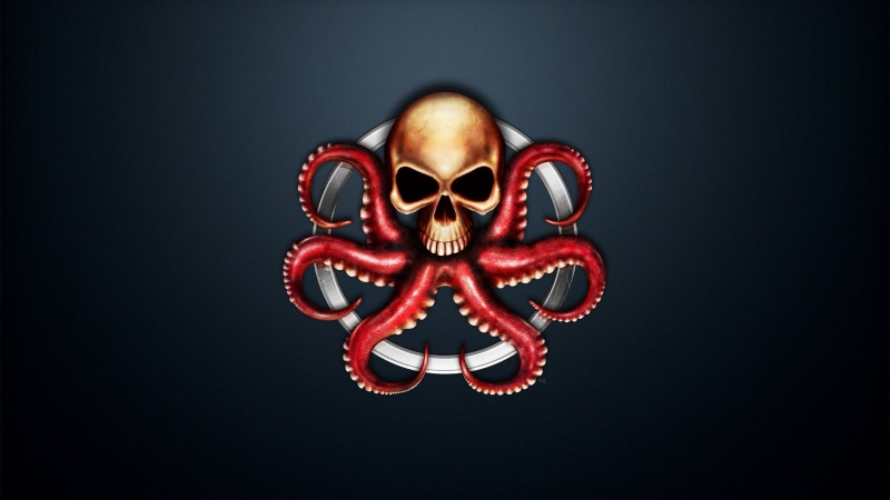 digital art, simple background, Hydra (comics), skull, blue background, logo, 4K, Marvel Comics, octopus, circle, hydra, tentacles