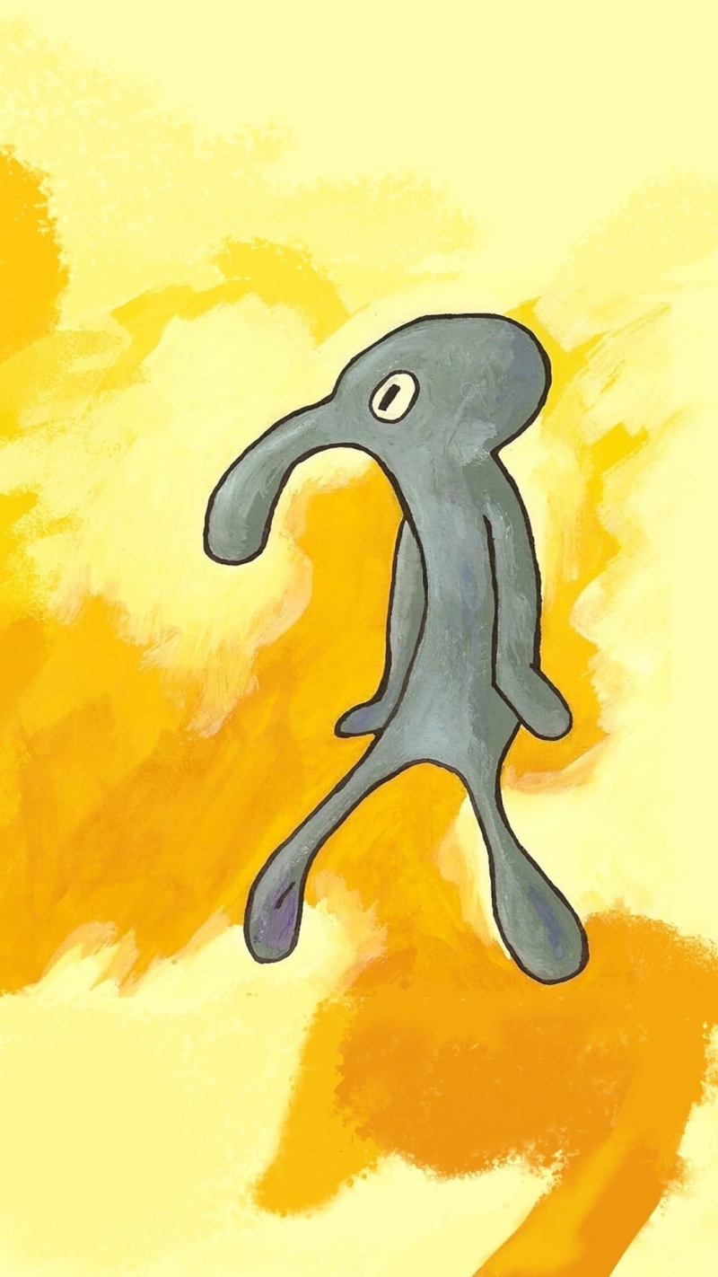 yellow background, SpongeBob SquarePants, 1080P, Squidward Tentacles, yellow, painting, artwork