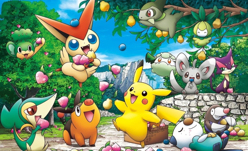 Axew (Pokémon), illustration, Pikachu, variation, rubber duck, monsters, outdoors, Purrloin (Pokémon), tree, human representation, Pokémon, Pansage (Pokémon)