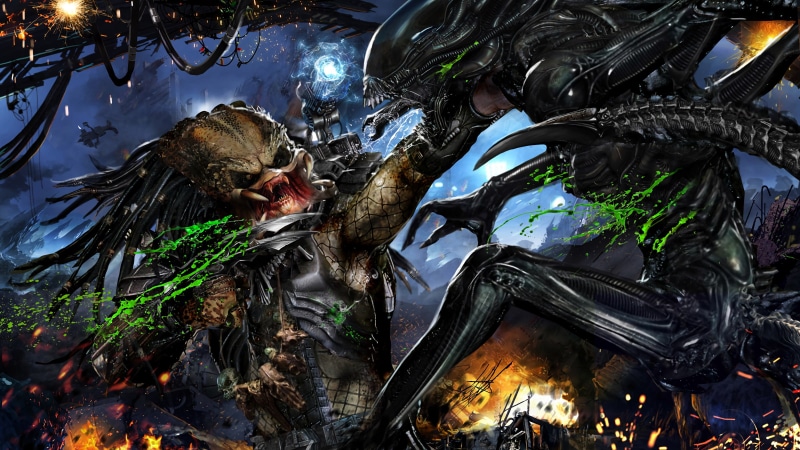 religion, Fantasy, nature, fight, xenomorph, 1080P, human representation, statue, alien vs predator, sci-fi, water, high angle view, plant, belief, art and craft