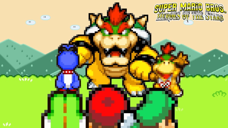 1080P, large group of objects, human representation, Bowser Jr., Yoshi, connection, close-up, creativity, digital composite, Bowser, colored background