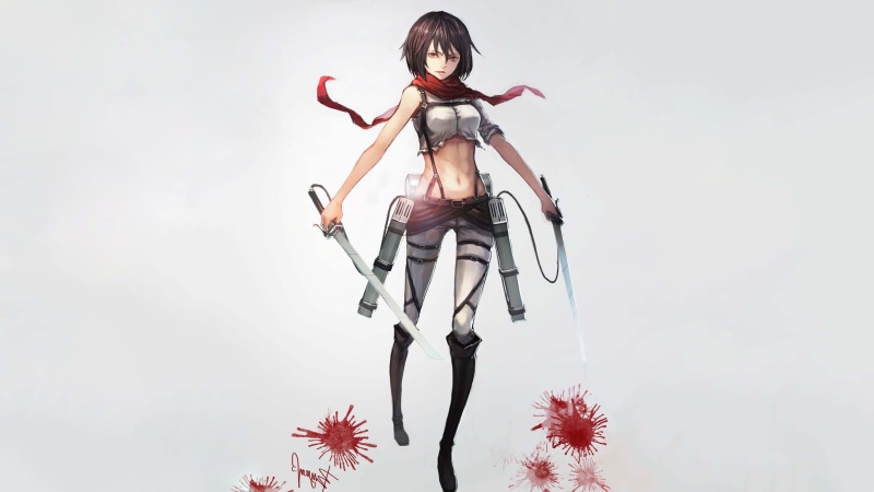 young adult, Mikasa Ackerman, hairstyle, indoors, women, white background, copy space, Anime Girls, Shingeki No Kyojin, clothing, portrait, lifestyles